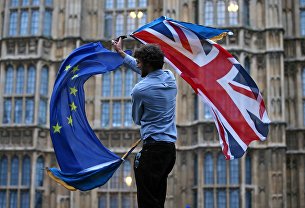 Участник протеста против Brexit возле здания парламента в Лондоне