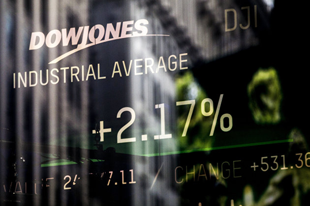 Информационная панель с данными об индексе Dow Jones на Таймс-сквер в Нью-Йорке